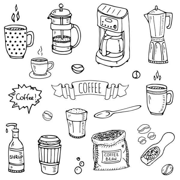 手画的涂鸦咖啡时间图标集矢量插图孤立喝符号集合卡通各种饮料元素 马克杯 美式咖啡 爱尔兰 无咖啡因 摩卡咖啡机 — 图库矢量图片
