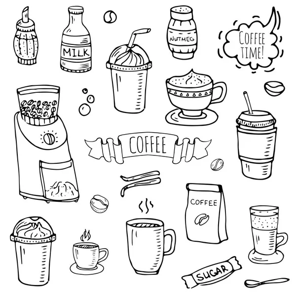 Hand Getrokken Doodle Koffie Tijd Pictogrammenset Vector Illustratie Geïsoleerd Drankje — Stockvector