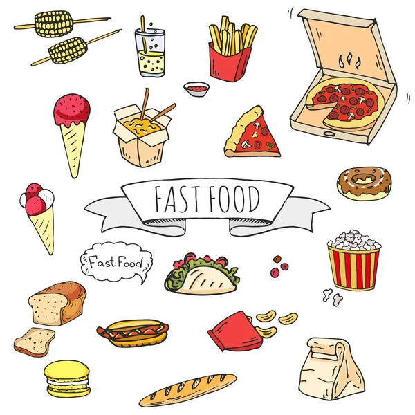 Elle Çizilmiş Doodle Fast Food Icons Set Vektör Çizim Abur — Stok Vektör