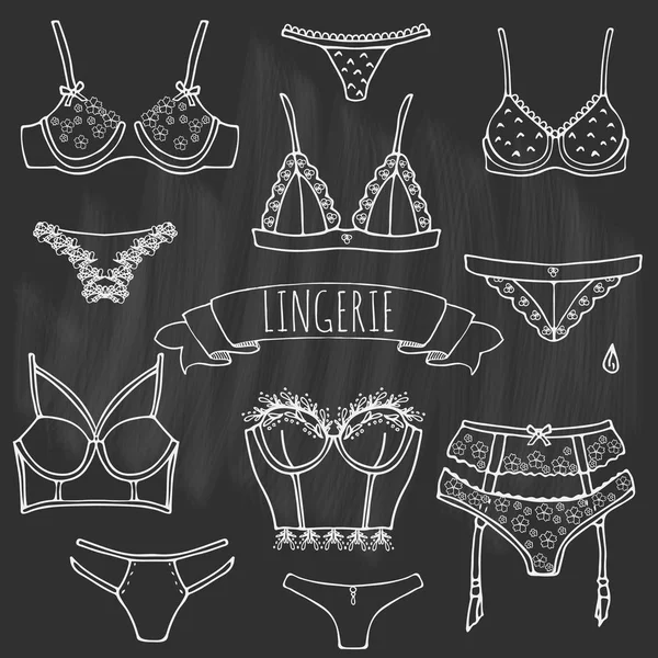 Conjunto Ícones Lingerie Desenhado Mão Moda Ilustração Vetorial Feminina Sexy — Vetor de Stock