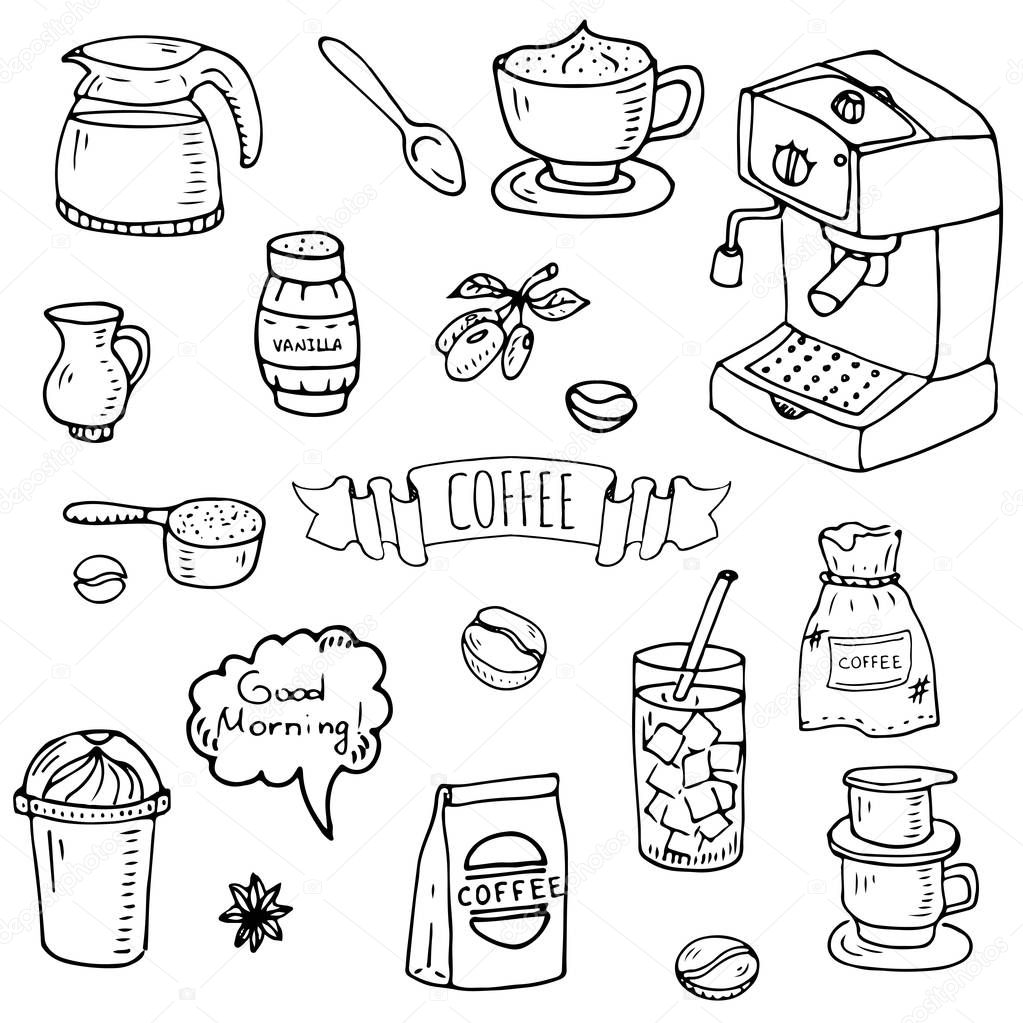 Hand drawn doodle Coffee time icon set Vector illustration isolated drink symbols collection Cartoon various beverage element: mug, cup, espresso, americano, irish, decaf, mocha, coffee making machine