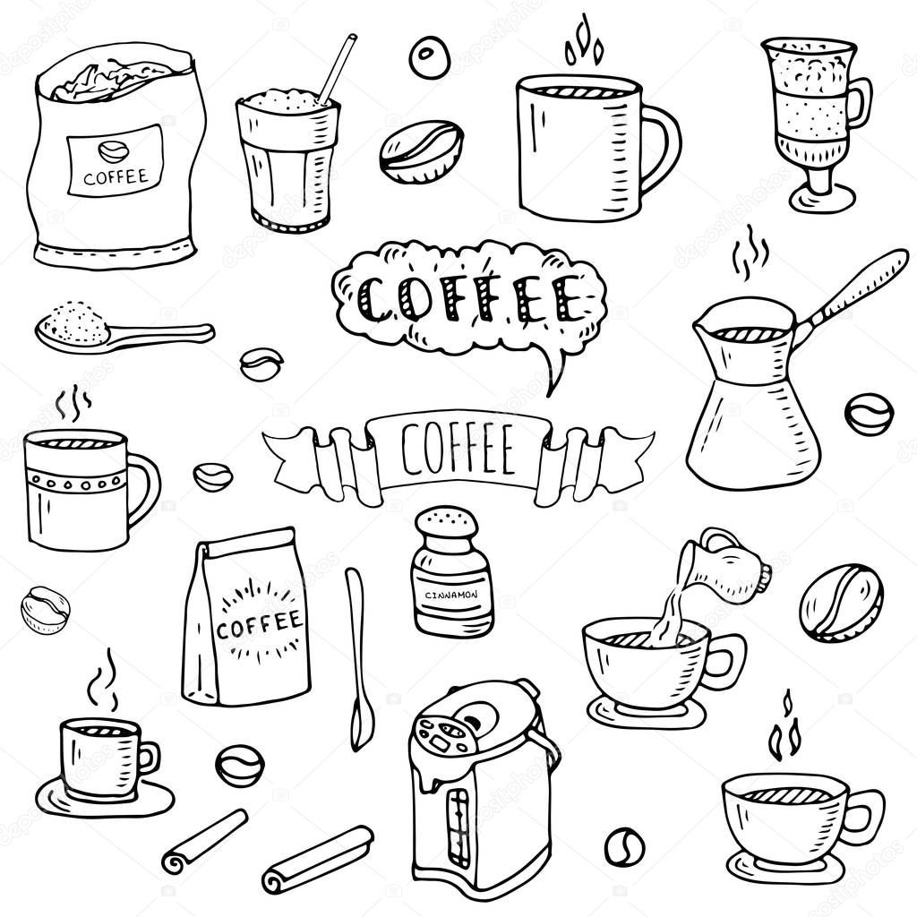 Hand drawn doodle Coffee time icon set Vector illustration isolated drink symbols collection Cartoon various beverage element: mug, cup, espresso, americano, irish, decaf, mocha, coffee making machine