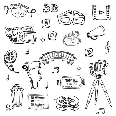 vektör çizim tasarımı çizilmiş doodle beyaz arka plan üzerinde izole sinema seti 