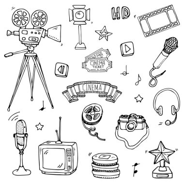 vektör çizim tasarımı çizilmiş doodle beyaz arka plan üzerinde izole sinema seti 