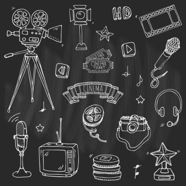 vektör çizim tasarımı çizilmiş doodle sinema siyah arka plan üzerine ayarla 