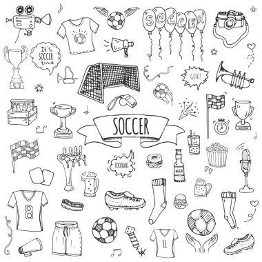 vektör çizim tasarım elle çizilmiş doodle geleneksel futbol öğeleri koleksiyonu kümesi futbol