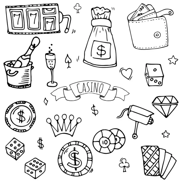 Handritad Doodle Uppsättning Casino Ikoner Vektorillustration Cartoon Gambling Symboler Skissartad — Stock vektor