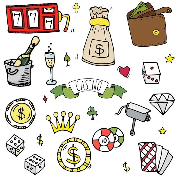 Hand Drawn Doodle Set Casino Icons Vector Illustration Set Cartoon — Stock Vector