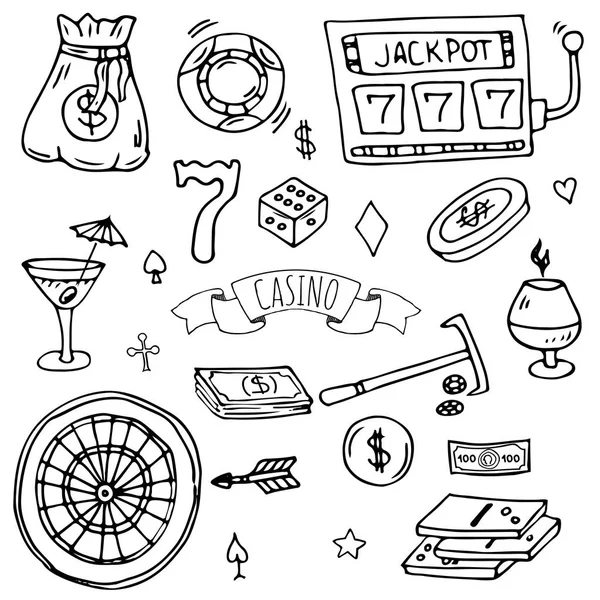 Elle Çizilmiş Doodle Casino Simgeler Kümesi Vektör Çizim Ayarlayın Kumar — Stok Vektör