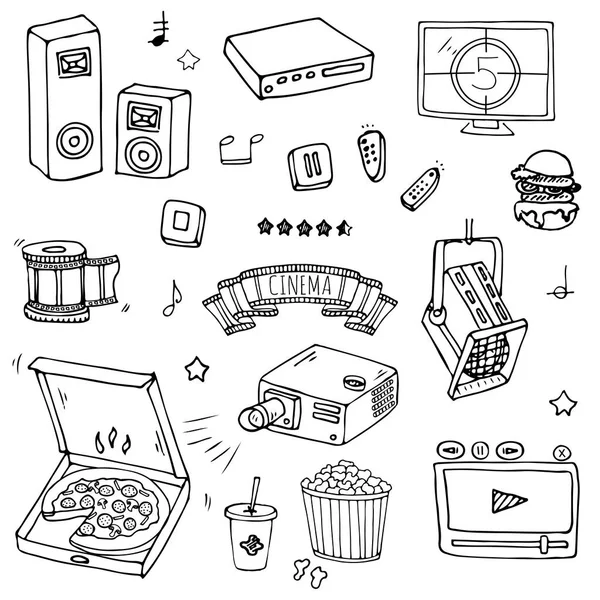 Vector Illustratie Ontwerp Van Handgetekende Doodle Cinema Set Geïsoleerd Witte — Stockvector