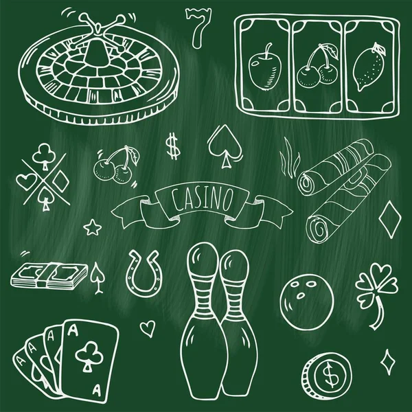 Handritad Doodle Uppsättning Casino Ikoner Vektorillustration Cartoon Gambling Symboler Skissartad — Stock vektor
