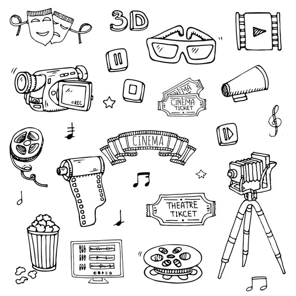 Diseño Ilustración Vectorial Conjunto Cine Doodle Dibujado Mano Aislado Sobre — Vector de stock