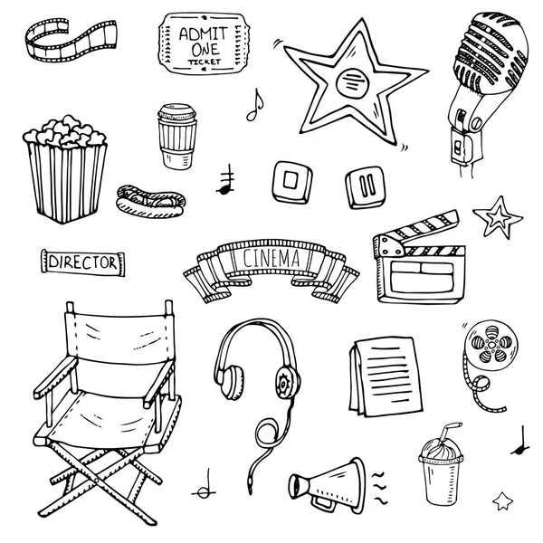 Diseño Ilustración Vectorial Conjunto Cine Doodle Dibujado Mano Aislado Sobre — Vector de stock