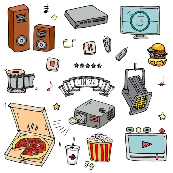 Diseño Ilustración Vectorial Conjunto Cine Doodle Dibujado Mano Aislado Sobre — Archivo Imágenes Vectoriales