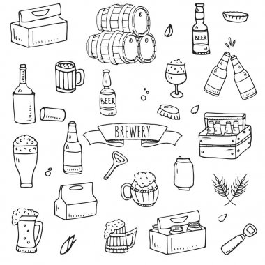 Elle çizilmiş doodle Brewery simgeler kümesi. Vektör çizim ayarlayın. Zanaat bira üretim sembolleri karikatür. Yarım yamalak öğeleri koleksiyonu bira: pub ekipman, malt, hop, cam, varil, değirmen, bira musluk.