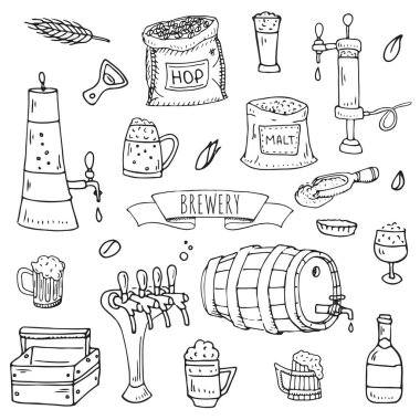 Elle çizilmiş doodle Brewery simgeler kümesi. Vektör çizim ayarlayın. Zanaat bira üretim sembolleri karikatür. Yarım yamalak öğeleri koleksiyonu bira: pub ekipman, malt, hop, cam, varil, değirmen, bira musluk.