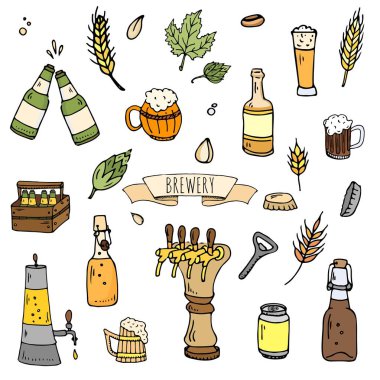 Elle çizilmiş doodle Brewery simgeler kümesi. Vektör çizim ayarlayın. Zanaat bira üretim sembolleri karikatür. Yarım yamalak öğeleri koleksiyonu bira: pub ekipman, malt, hop, cam, varil, değirmen, bira musluk.