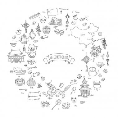Elle çizilmiş doodle Çin Icons collection vektör çizim yarım yamalak Çin Icons set. Çin, çay töreni, Ulusal Gıda, fener Dim Sum, Dragon, Simgesel Yapı, harita, hoş geldiniz Asya mimarisi