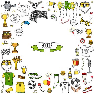 Elle çizilmiş doodle futbol vektör çizim ayarla Sketchy spor geleneksel simgeler karikatür tipik futbol öğeleri koleksiyonu futbol topu, ayakkabısı, hedef, kupa, düdük, eldiven, bot izole
