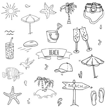 Elle çizilmiş doodle Beach simgeler vektör çizim yarım yamalak yaz tatil öğeleri koleksiyonu izole tatil nesneleri çizgi film deniz dinlenmek yolculuk sembolleri yaz seyahat arka plan ayarlamak 