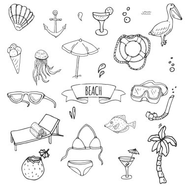 Elle çizilmiş doodle Beach simgeler vektör çizim yarım yamalak yaz tatil öğeleri koleksiyonu izole tatil nesneleri çizgi film deniz dinlenmek yolculuk sembolleri yaz seyahat arka plan ayarlamak 