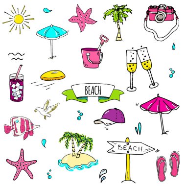 Elle çizilmiş doodle Beach simgeler vektör çizim yarım yamalak yaz tatil öğeleri koleksiyonu izole tatil nesneleri çizgi film deniz dinlenmek yolculuk sembolleri yaz seyahat arka plan ayarlamak 