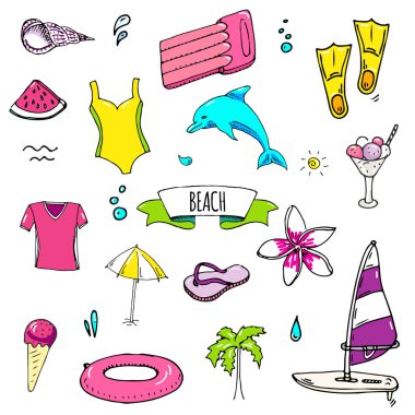 Elle çizilmiş doodle Beach simgeler vektör çizim yarım yamalak yaz tatil öğeleri koleksiyonu izole tatil nesneleri çizgi film deniz dinlenmek yolculuk sembolleri yaz seyahat arka plan ayarlamak 