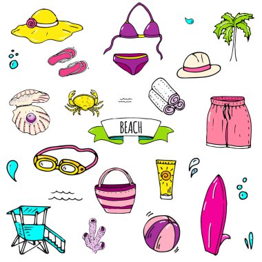 Elle çizilmiş doodle Beach simgeler vektör çizim yarım yamalak yaz tatil öğeleri koleksiyonu izole tatil nesneleri çizgi film deniz dinlenmek yolculuk sembolleri yaz seyahat arka plan ayarlamak 