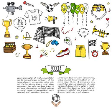 Elle çizilmiş doodle futbol vektör çizim ayarla Sketchy spor geleneksel simgeler karikatür tipik futbol öğeleri koleksiyonu futbol topu, ayakkabısı, hedef, kupa, düdük, eldiven, bot izole
