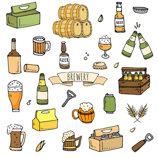 Ручной Набор Икон Пивоварни Набор Векторных Иллюстраций Мультфильм Craft Beer — стоковый вектор