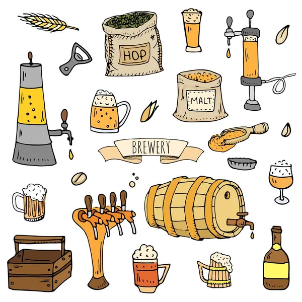 Hand Drawn Doodle Set Brewery Icons Vector Illustration Set Cartoon — Stock Vector