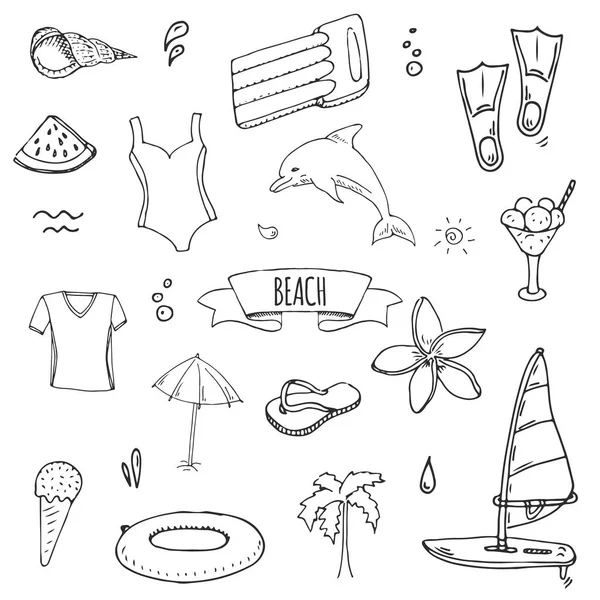 手绘涂鸦海滩集图标矢量插画粗略的暑假元素收集孤立的假日对象卡通海放松旅行符号夏季旅游背景 — 图库矢量图片