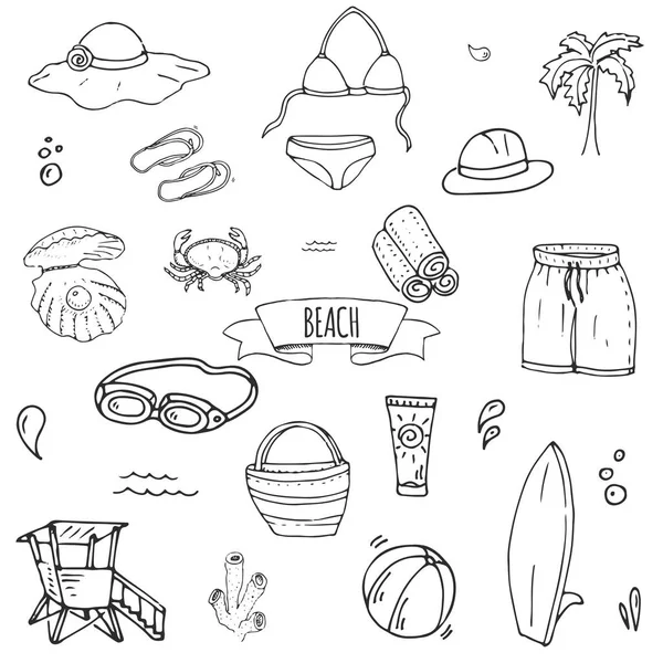 Dibujos Dibujados Mano Doodle Beach Set Icons Vector Illustration Sketchy — Vector de stock