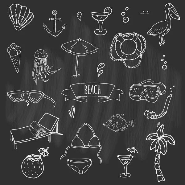 Dibujos Dibujados Mano Doodle Beach Set Icons Vector Illustration Sketchy — Vector de stock