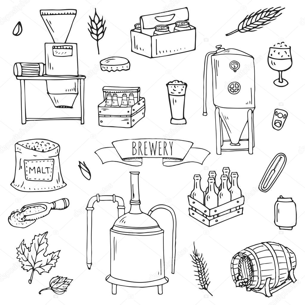 Hand drawn doodle set of Brewery icons. Vector illustration set. Cartoon Craft Beer production symbols. Sketchy brewing elements collection: pub equipment, malt, hop, glass, barrel, mill, beer tap.