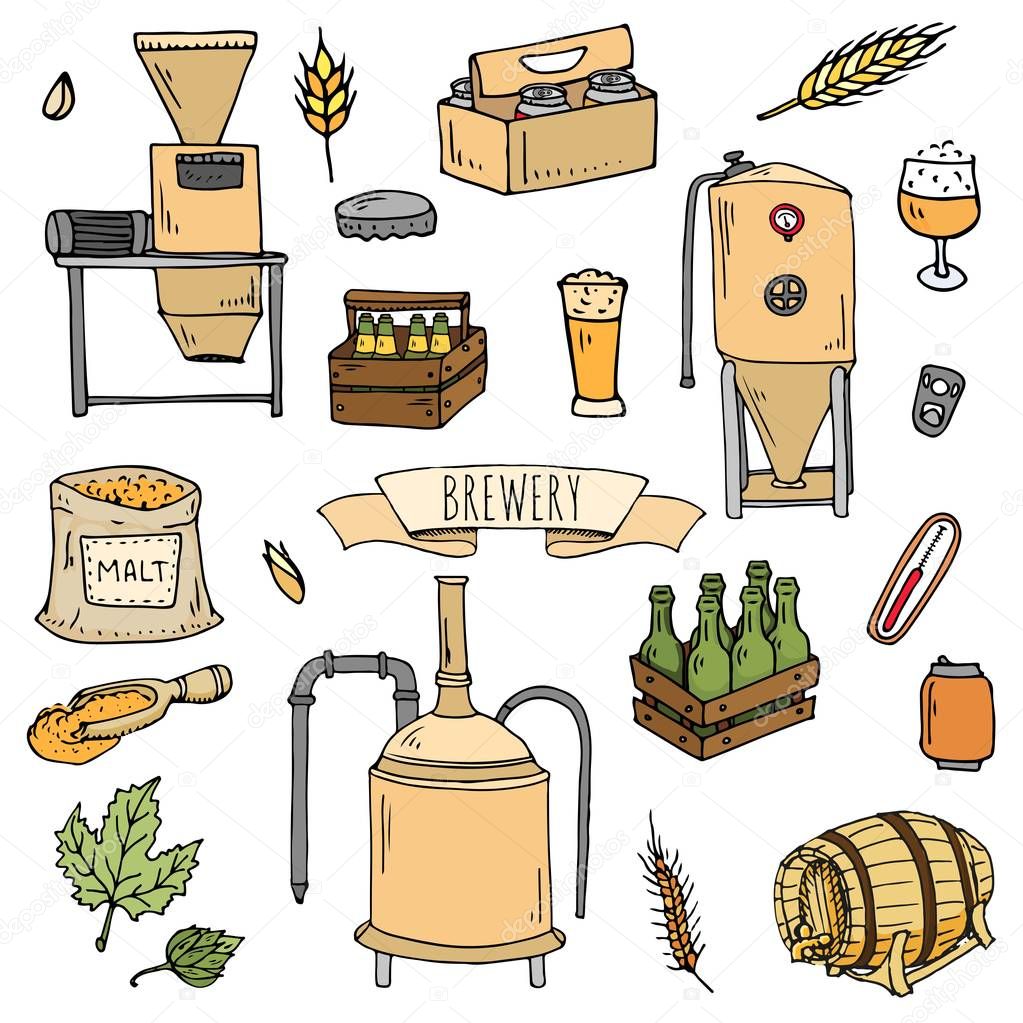 Hand drawn doodle set of Brewery icons. Vector illustration set. Cartoon Craft Beer production symbols. Sketchy brewing elements collection: pub equipment, malt, hop, glass, barrel, mill, beer tap.