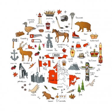 Elle çizilmiş doodle Kanada Icons set Kanada semboller vektör illüstrasyon izole semboller koleksiyonunu çizgi film öğeleri: ayı, harita, bayrak, akçaağaç, kunduz, geyik, kaz, totem direği, at, hokey, poutine
