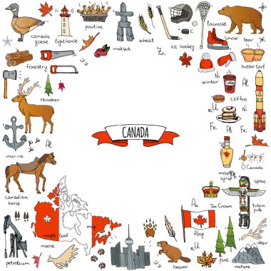 Elle çizilmiş doodle Kanada Icons set Kanada semboller vektör illüstrasyon izole semboller koleksiyonunu çizgi film öğeleri: ayı, harita, bayrak, akçaağaç, kunduz, geyik, kaz, totem direği, at, hokey, poutine
