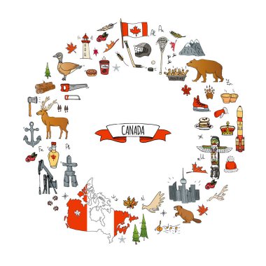 Elle çizilmiş doodle Kanada Icons set Kanada semboller vektör illüstrasyon izole semboller koleksiyonunu çizgi film öğeleri: ayı, harita, bayrak, akçaağaç, kunduz, geyik, kaz, totem direği, at, hokey, poutine