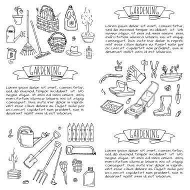 Elle çizilmiş doodle Bahçe simgeler kümesi. Vektör çizim ayarlayın. Çizgi film Bahçe sembolleri. Yarım yamalak öğeleri koleksiyonu: çim biçme makinesi, düzeltici, kürek, çatal, tırmık, çapa, trug, el arabası, hortum reel.