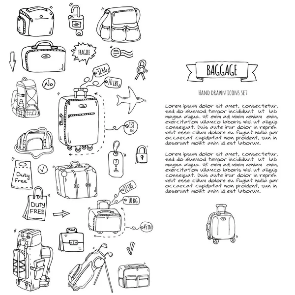 手描き落書き手荷物のアイコンを設定します ベクトルの図 荷物の種類 大小のスーツケース 手荷物 バックパック キャリー動物 クレート ハンドバッグ 漫画のスタイルのスケッチ — ストックベクタ