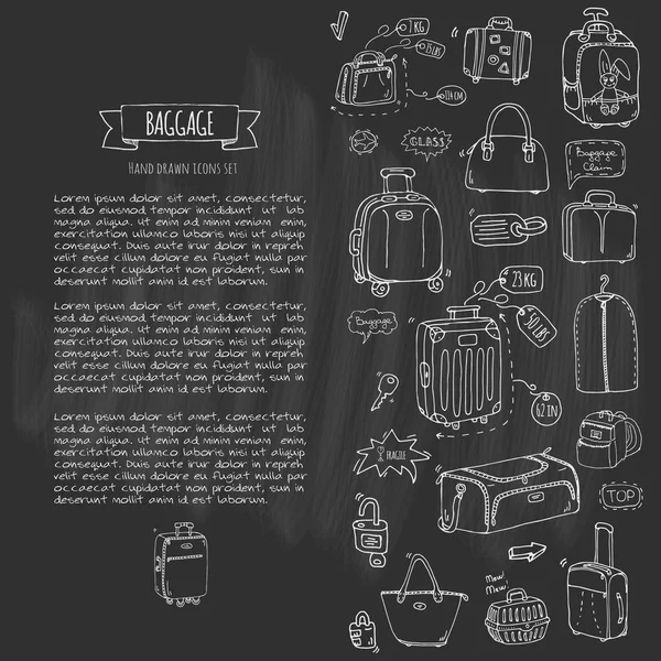 手绘涂鸦行李图标集 矢量图 不同类型的行李 大和小的手提箱 手提行李 携带动物 板条箱 素描卡通风格 — 图库矢量图片