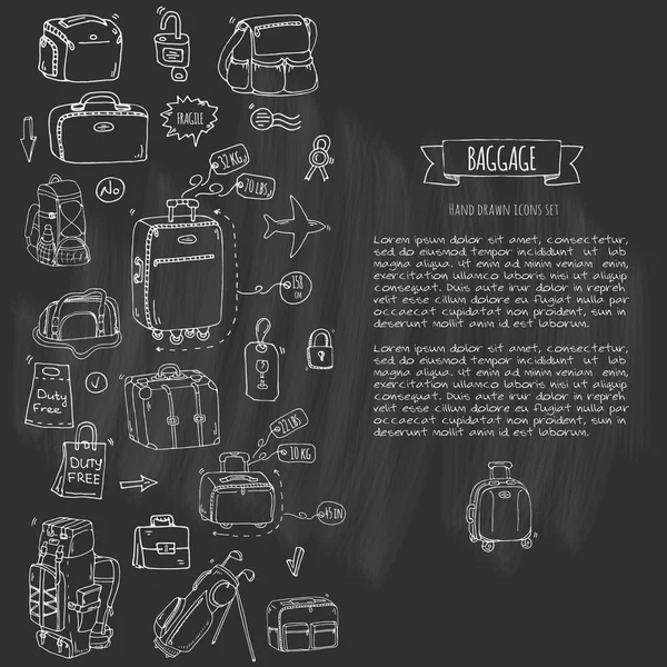 手描き落書き手荷物のアイコンを設定します ベクトルの図 荷物の種類 大小のスーツケース 手荷物 バックパック キャリー動物 クレート ハンドバッグ 漫画のスタイルのスケッチ — ストックベクタ