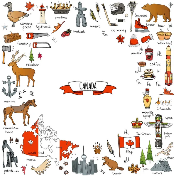 Handgezeichnete Doodle Canada Symbole Setzen Vektor Illustration Isolierte Symbole Sammlung — Stockvektor