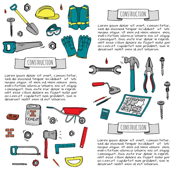 Doodle Dessiné Main Ensemble Outils Construction Illustration Vectorielle Icônes Bâtiment — Image vectorielle