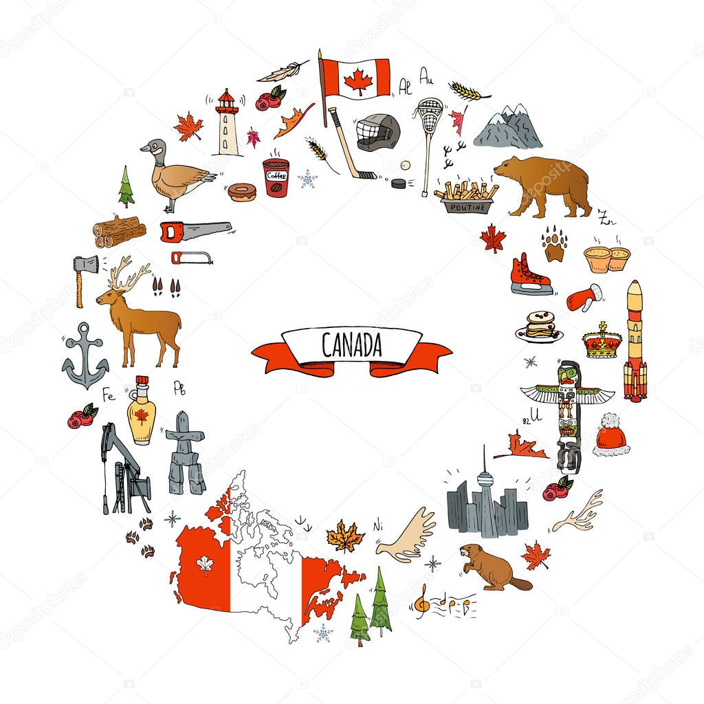 Hand drawn doodle Canada icons set Vector illustration isolated symbols collection of canadian symbols Cartoon elements: bear, map, flag, maple, beaver, deer, goose, totem pole, horse, hockey, poutine