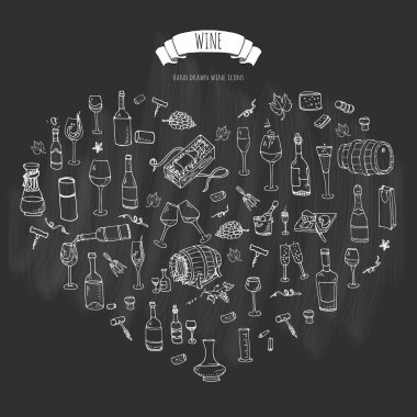 Elle çizilmiş şarap simgeler vektör çizim yarım yamalak şarap tadımı öğeleri koleksiyonu şarap nesneleri karikatür şarap sembolleri bağ arka plan vektör şarap arka plan şaraphane illüstrasyon üzüm şarap cam ayarla.