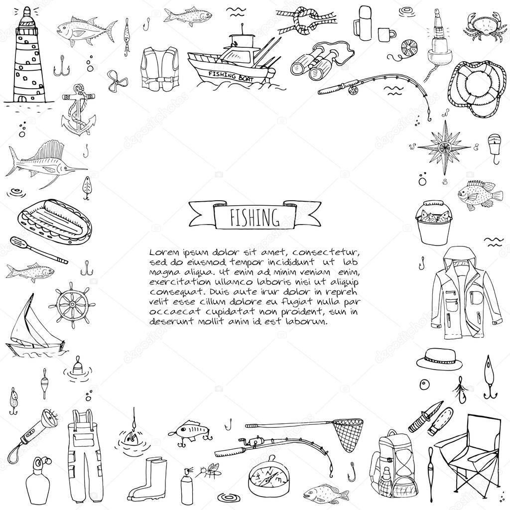Hand drawn doodle Fishing icons set. Vector illustration. Cartoon catching fish equipment elements collection: Rod, Baits, Spinning, Lure, Inflatable Boat, Yacht, Lighthouse, Cloth, Safety jacket.