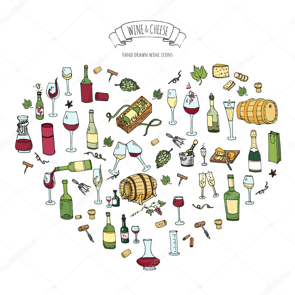 Hand drawn wine set icons Vector illustration Sketchy wine tasting elements collection Wine objects Cartoon wine symbols Vineyard background Vector wine background Winery illustration Grape Wine glass