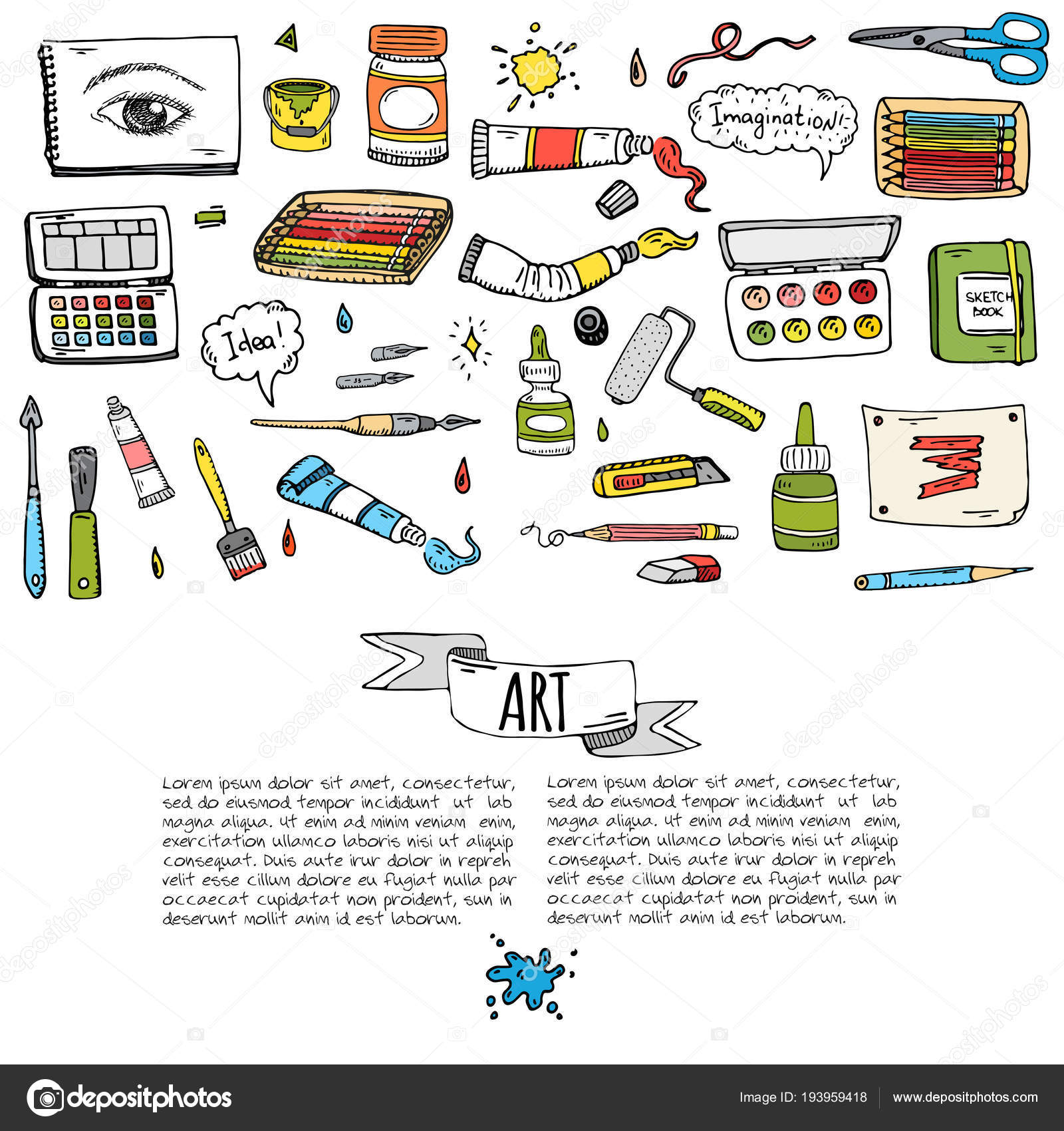 Art supplies set. Hand-drawn cartoon collection of art tools. Doodle drawing.  Stock Vector